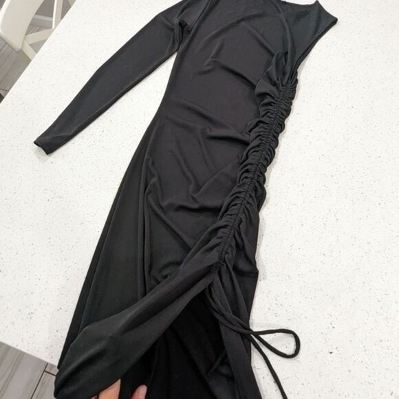 Zara Black One Shoulder Long Sleeve Bodycon Side Ruched Midi Dress Stretchy S - Picture 7 of 9